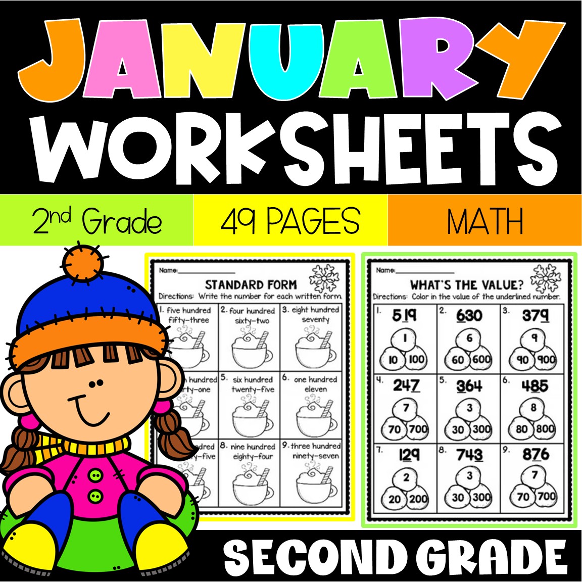 2nd grade January winter math worksheets and practice pages