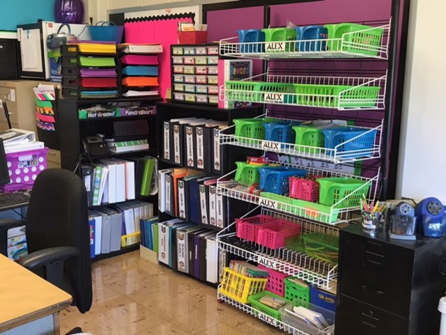 organization behind the teacher's desk to make things easier to find quickly