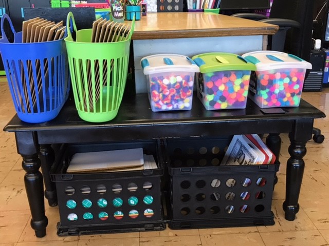 various flexible seating and organization options for students - binder holders, art supplies, bench, and more