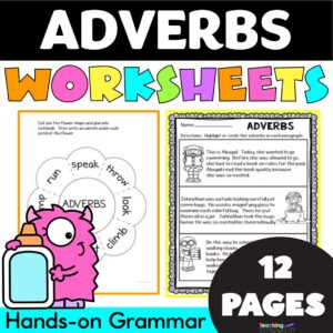 Adverbs interactive printable grammar activities for 2nd grade with notebook pages and dinosaur craft