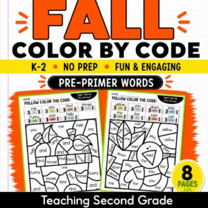 Fall Color by Code Pre Primer Sight Words Worksheets Printable Coloring Pages