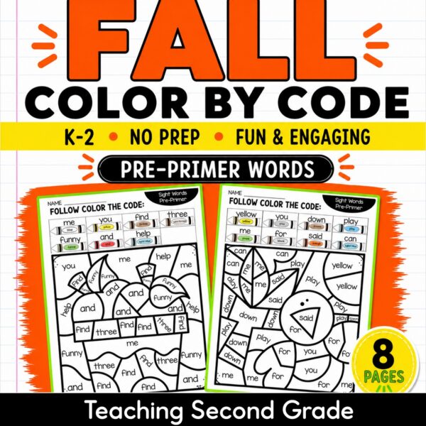 Fall Color by Code Pre Primer Sight Words Worksheets