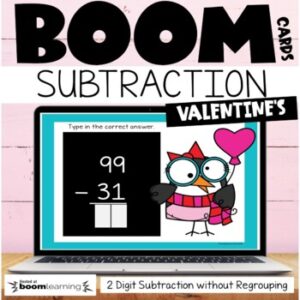 Valentine's Day 2 Digit Subtraction without Regrouping Boom Cards 2nd 3rd Grade