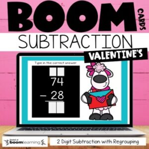 Valentine's Day 2 Digit Subtraction with Regrouping Boom Cards 2nd 3rd Grade