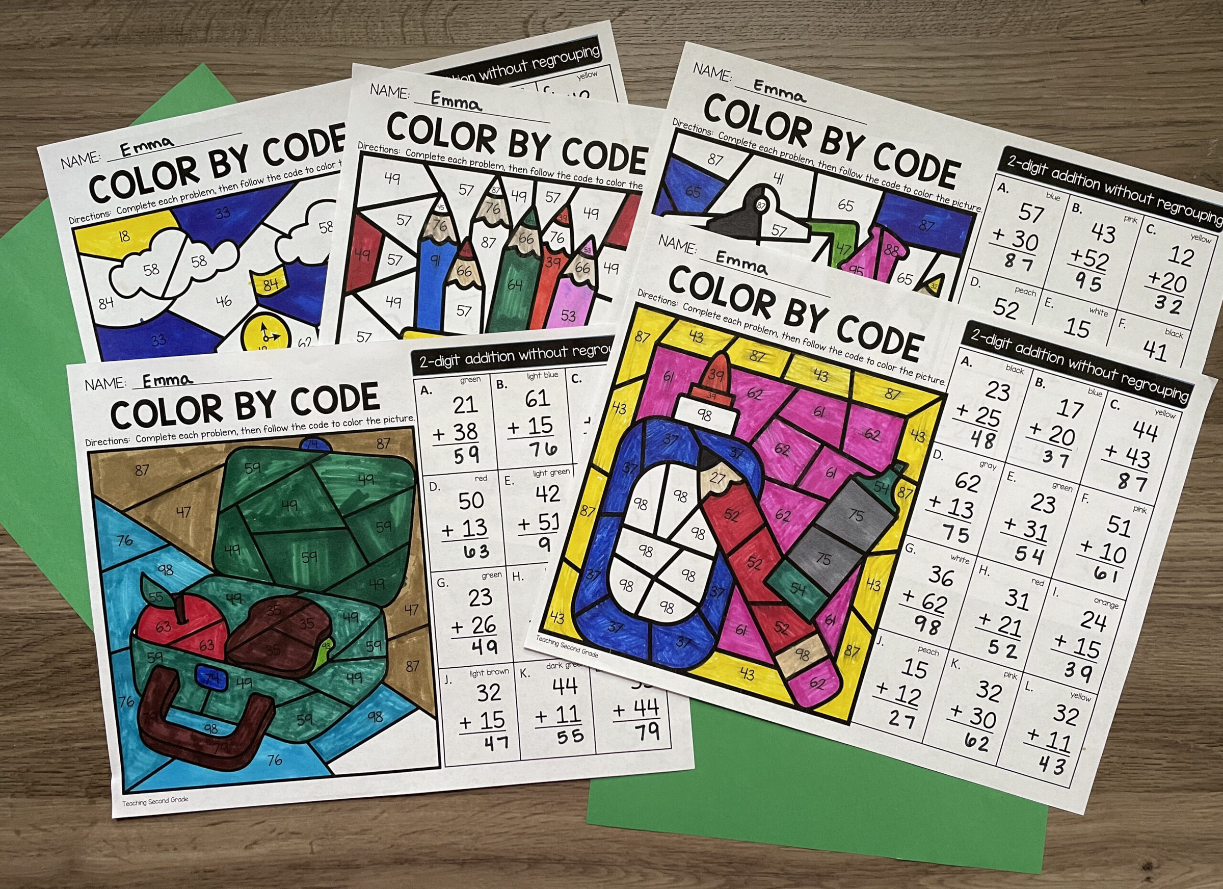 second_grade_color_by_code_math_worksheets