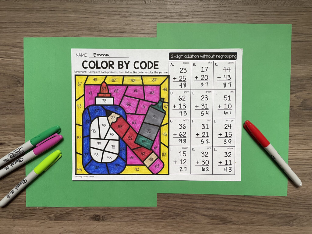second_grade_color_by_code_math_worksheets