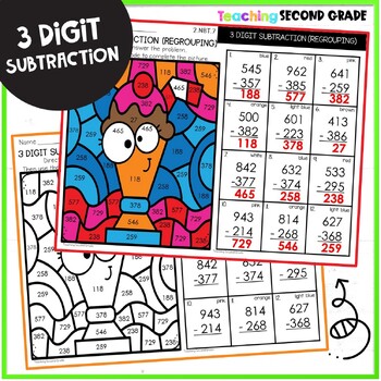 Subtraction With Regrouping Color By Number Worksheets 3 Digit