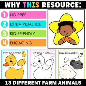 One Page Cut and Paste Farm Animal Crafts - Cow Pig Horse Duck Hen and ...