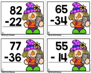 2 Digit Subtraction Without Regrouping Fall Math Task Cards - Teaching ...
