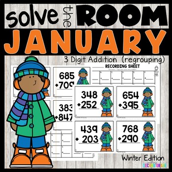 Winter 3 Digit Addition with Regrouping Math Task Cards