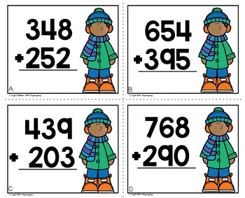 Winter 3 Digit Addition with Regrouping Math Task Cards - Image 2