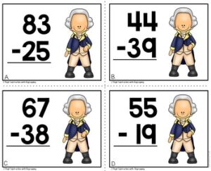 Presidents' Day 2 Digit Subtraction with Regrouping Math Task Cards ...