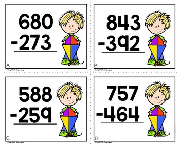 Spring 3 Digit Subtraction with Regrouping Math Task Cards - Image 2
