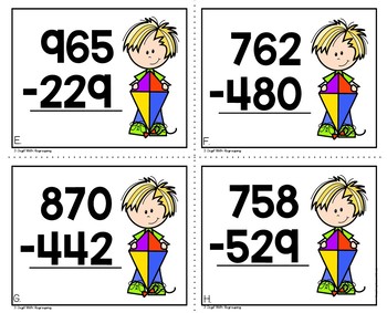 Spring 3 Digit Subtraction with Regrouping Math Task Cards - Image 3