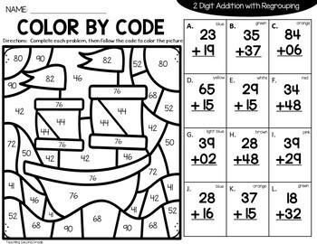 Thanksgiving 2 Digit Addition With Regrouping Color by Code - Image 3
