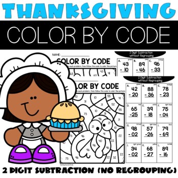 Thanksgiving 2 Digit Subtraction Without Regrouping Color by Code