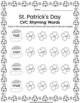 St. Patrick's Day Rhyming Words Worksheets - Teaching Ideas Made Easy