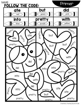 Valentines Day Color by Code with Primer Sight Words - Teaching Ideas ...