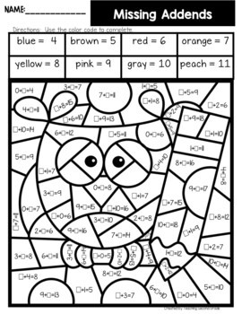 Missing Addends Color By Number Missing Number Single Digit Addition