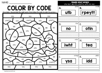 Thanksgiving Color by Sight Word {unscramble the word} Worksheets Primer - Image 2