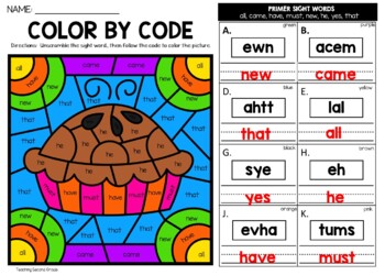 Thanksgiving Color by Sight Word {unscramble the word} Worksheets Primer - Image 3