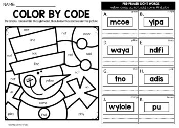 Winter Color by Code Sight Word {unscramble the word} Worksheets Preprimer - Image 2