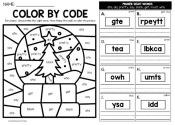 Winter Color by Code Sight Word {unscramble the word} Worksheets Primer - Image 2