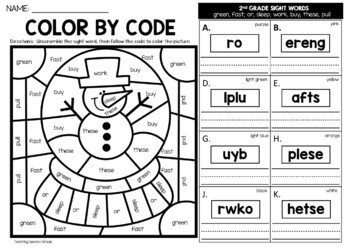 Winter Color by Code Sight Word 2nd Grade Words Unscramble the Word Worksheets - Image 3