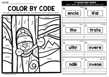 Winter Color by Code Sight Word 3rd Grade Words Unscramble the Word Worksheets - Image 3