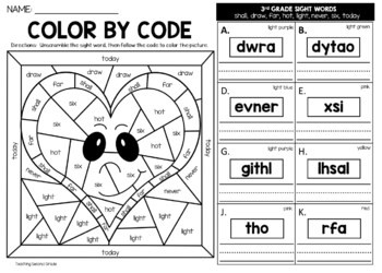 Valentines Day Color by Code Sight Word 3rd Grade Words Unscramble Word Worksheets - Image 3