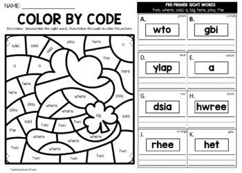 St Patrick's Day Color by Code Sight Word {unscramble the word} Worksheets Preprimer - Image 2