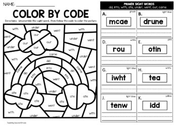 St Patrick's Day Color by Code Sight Word {unscramble the word} Worksheets Primer - Image 2