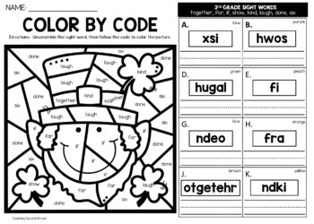 Color by Code Sight Word St Patrick's Day 3rd Grade Words Unscramble Word Worksheets - Image 3