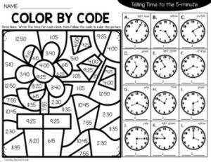 Spring Telling Time to the Quarter Hour & 5 Minutes Color Code ...