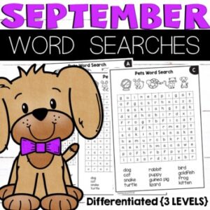 September Word Searches Worksheets - differentiated
