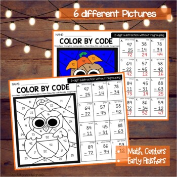 Fall 2 Digit Subtraction without Regrouping Color by Code Worksheets ...