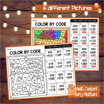 3 Digit Addition with Regrouping Color by Code for Thanksgiving - Image 2