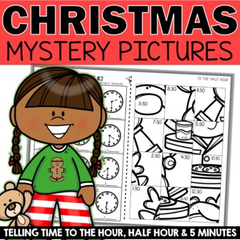 Christmas Telling Time to the Hour, Half Hour and 5 minutes Mystery Pictures