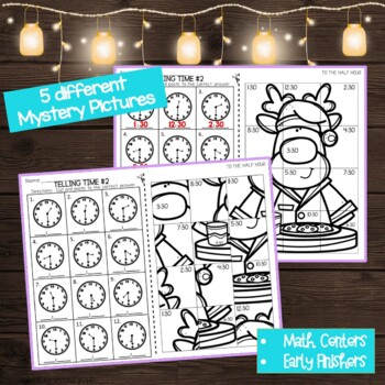 Christmas Telling Time to the Hour, Half Hour and 5 minutes Mystery Pictures - Image 3