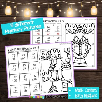 Winter 2 Digit Subtraction with Regrouping Mystery Pictures - Image 2