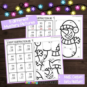 Winter 2 Digit Subtraction with Regrouping Mystery Pictures - Image 4