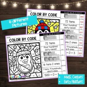 Place Value Color by Code Worksheets for 3-Digit Numbers