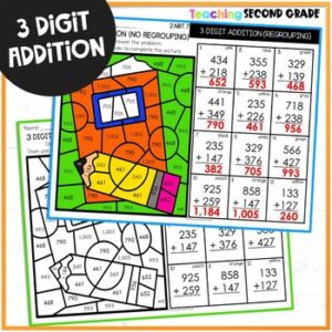 School 3 Digit Addition with Regrouping Color by Code Worksheets ...