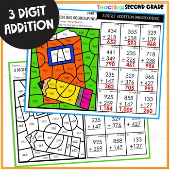 School 3 Digit Addition with Regrouping Color by Code Worksheets ...