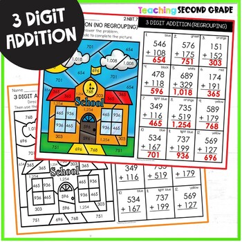 School 3 Digit Addition with Regrouping Color by Code Worksheets ...