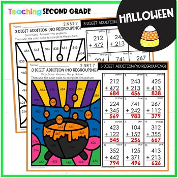 Halloween 3 Digit Addition w/out regrouping Color by Number Worksheets - Image 2