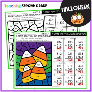 Halloween 3 Digit Addition w/out regrouping Color by Number Worksheets - Image 3