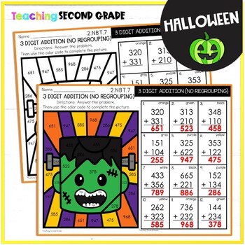 Halloween 3 Digit Addition w/out regrouping Color by Number Worksheets - Image 4