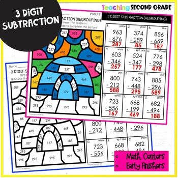 Winter 3 Digit Subtraction with Regrouping Color by Number - Teaching ...
