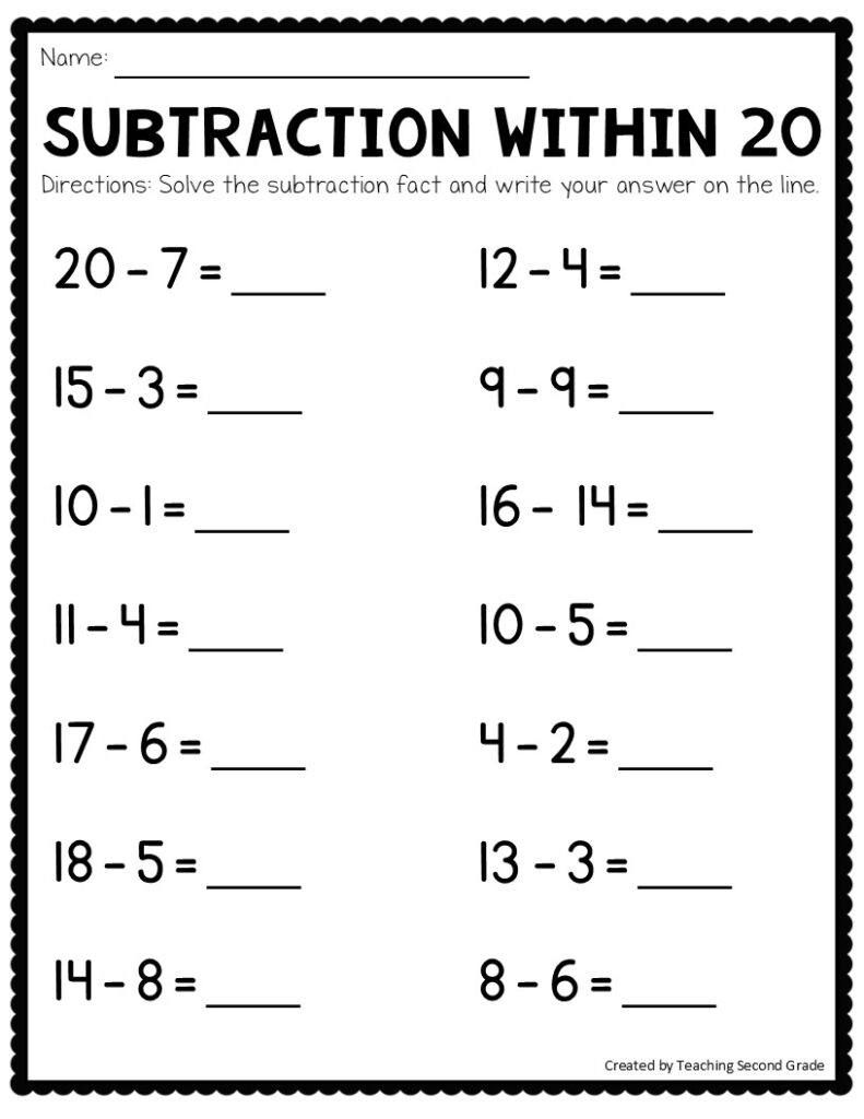 Subtraction Facts to 20 Worksheets - No Prep Math Worksheets for 1st ...